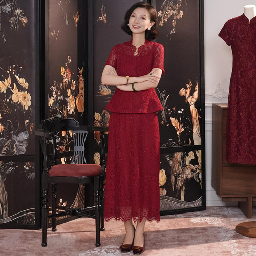 西子/【喜相随】亮片蕾丝婚宴喜妈妈礼服短袖半裙两件套/SYTJ1312
