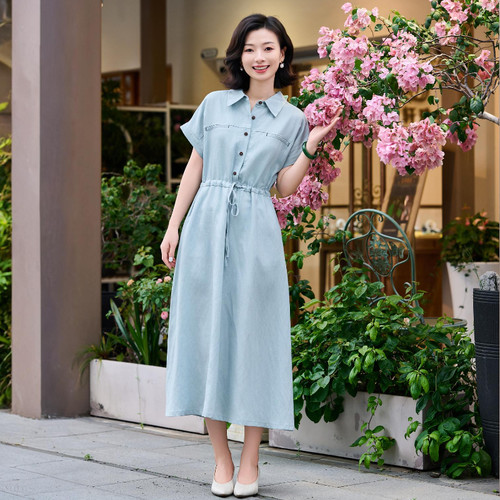 亚麻莱赛尔夏季气质薄款连衣裙女