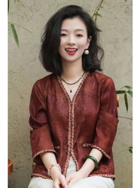 西子红云纱牡丹提花缎开衫外套女
