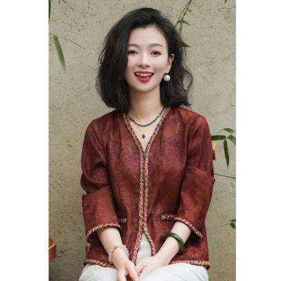 西子红云纱牡丹提花缎开衫外套女