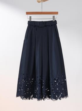 西子/【深海花语】重工蕾丝压褶气质优雅藏蓝色半身裙女/BQXS083