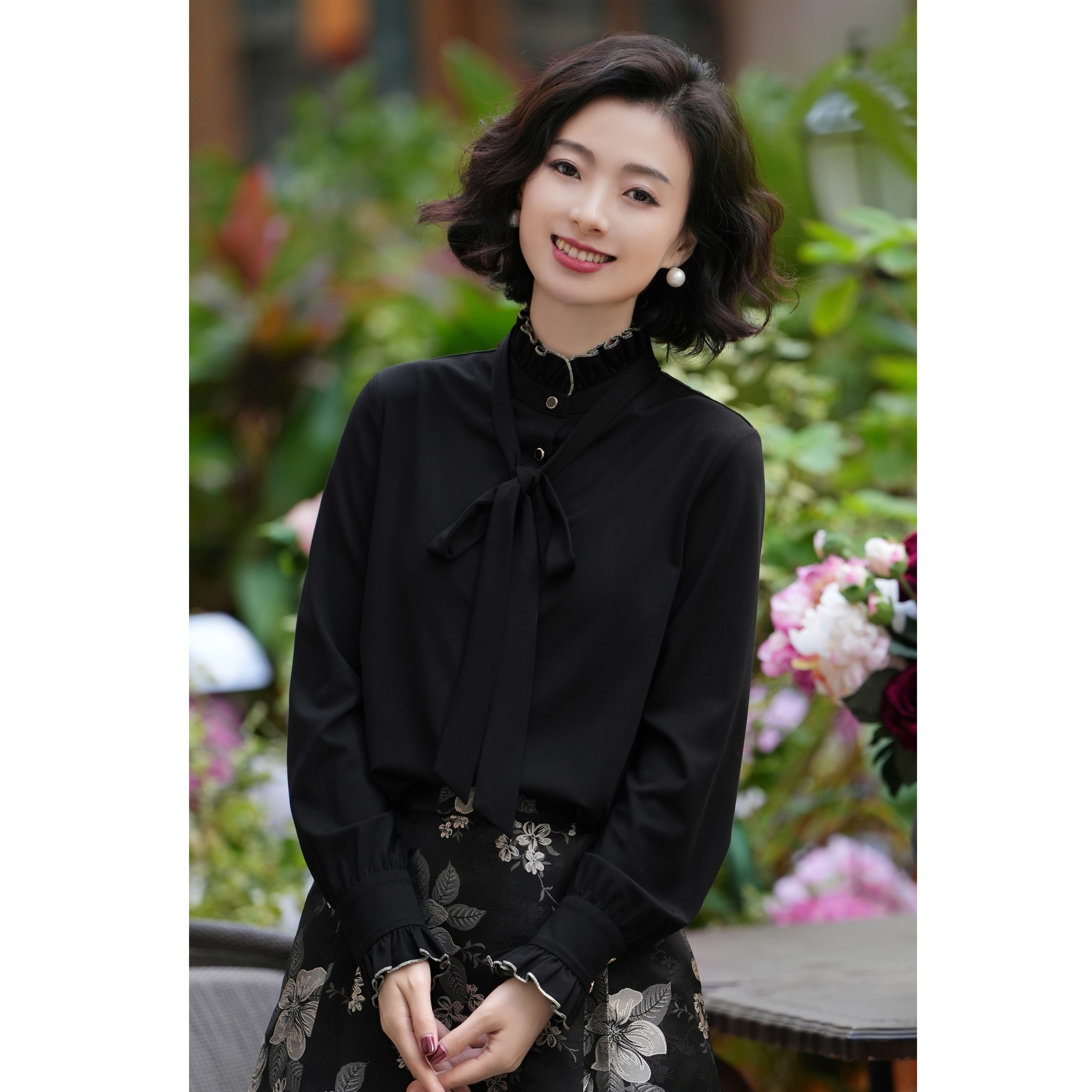 西子/【黑天鹅】精梳棉宫廷风法式复古荷叶领领带衬衫女/CSHC200