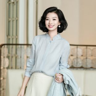 西子/【微风情书】醋酸气质简约通勤木耳边领灰蓝色衬衫/SYBH1888