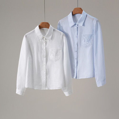 苎麻莱赛尔蕾丝拼接通勤长袖衬衫
