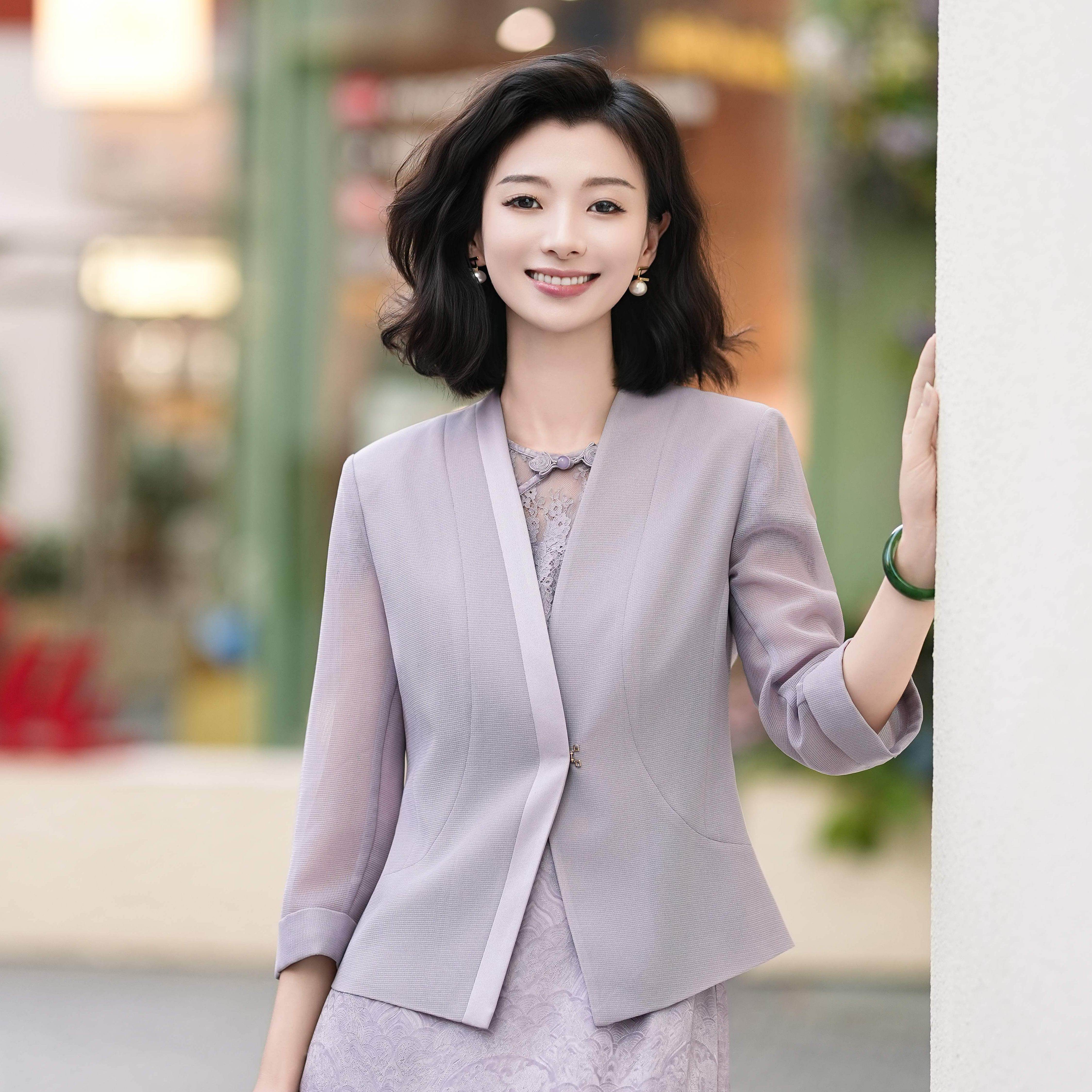 西子/【迷雾玫瑰】醋酸立体剪裁薄款气质灰紫色西装外套/WTTJ252