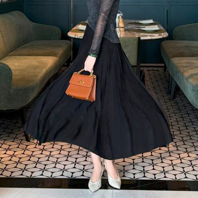 优雅温柔百褶伞裙黑色半身裙女装