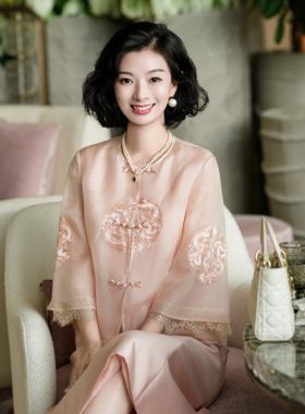 西子/【绯云祥龙】100桑蚕丝欧根纱万针刺绣长袖粉色外套/WTTJ167