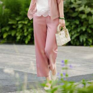西子/【蜜桃亚麻】亚麻天丝后腰松紧百搭镰刀粉色九分裤/KZTJ230