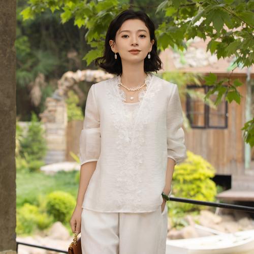 莱赛尔亚麻法式蕾丝白衬衫女春夏