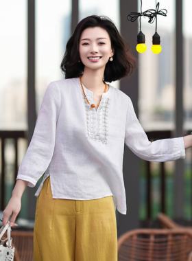 亚麻波西米亚手工钉珠白色上衣女