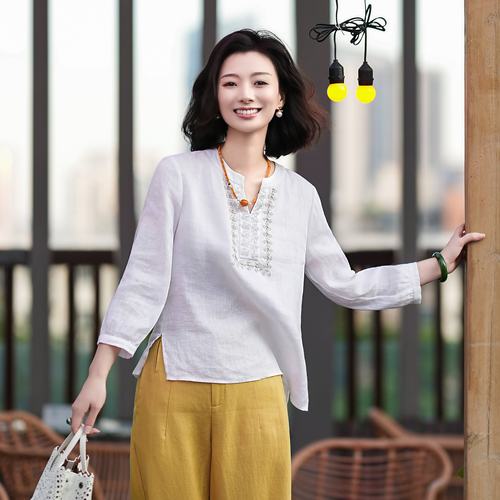 亚麻波西米亚手工钉珠白色上衣女