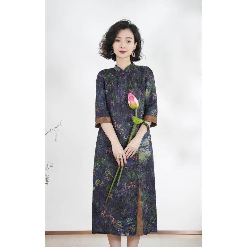 桑蚕丝花罗油墨重彩连衣裙带腰带