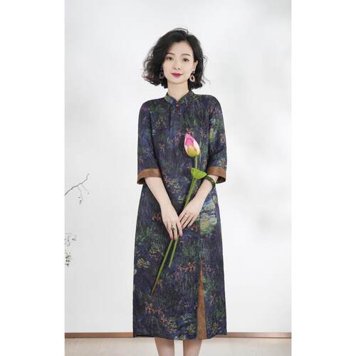 桑蚕丝花罗油墨重彩连衣裙带腰带