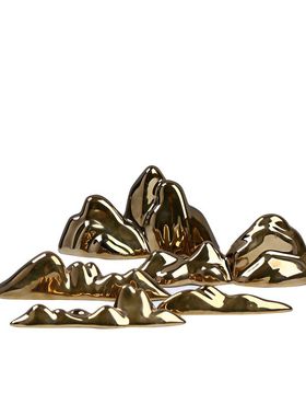 新中式软装枯山水微景观沙盘陶瓷金色假山艺术品摆件家居玄关摆设