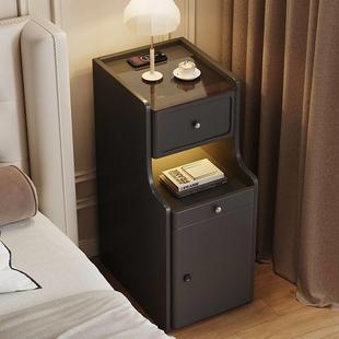 智能床头柜小型超窄带灯实木床边柜卧室迷你充电多功能保险柜