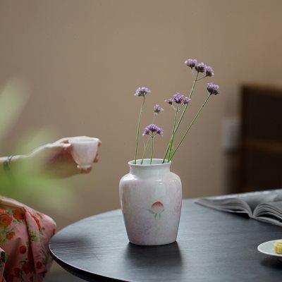 纯手绘桃粉唐韵瓶创意釉上贴绘花瓶摆件家用陶瓷器客厅茶道零配件