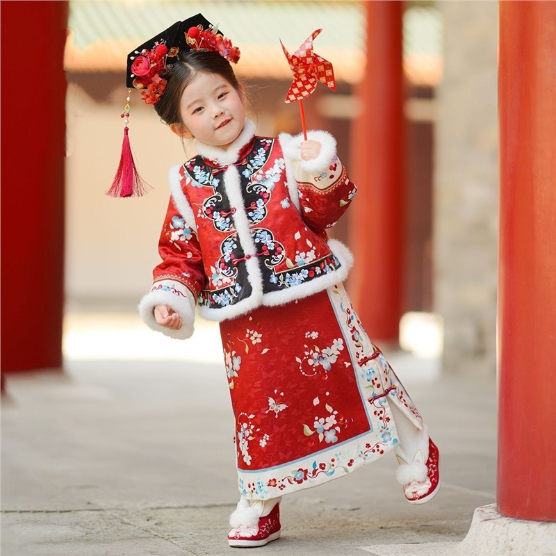 女童格格服古装汉服清朝服装印花中国风小女孩儿童拜年服冬季加厚