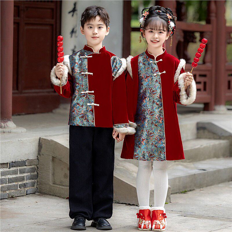 新中式拜年服加厚儿童过年服装女童汉服女宝年服唐装过年兄妹装