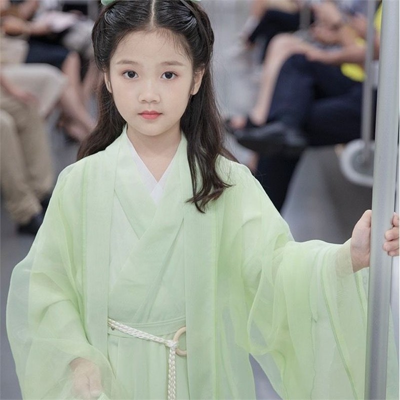 汉服女童魏晋制清平调大袖衫绿色超仙中国风儿童古装交领齐腰襦裙