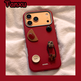 新年红色英文立体陨石纽扣适用苹果17promax手机壳iPhone16Pro新款15高级感14pro防摔13小众17创意17Pro全包