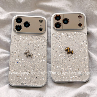 高级感银色亮片立体金色小马适用苹果17promax手机壳iPhone16pro新款15情侣14pro防摔17小众14创意17Pro全包