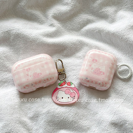 甜美粉格纹HelloKitty美乐蒂适用苹果Airpodspro3保护套苹果蓝牙无线1/2代新三代AirPods4代airpodpro2耳机壳