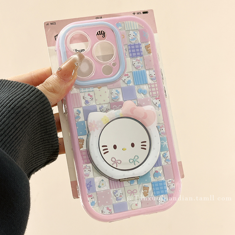 可爱卡通少女心格子Kitty猫适用苹果16promax手机壳iphone15pro新款13小众14promax硅胶14带支架16p创意全包