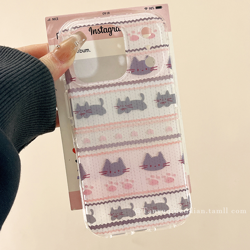 秋冬少女费尔岛猫咪毛衣纹适用苹果17promax手机壳iPhone16Pro新款15网红14pro防摔15Pro小众13创意17Pro全包