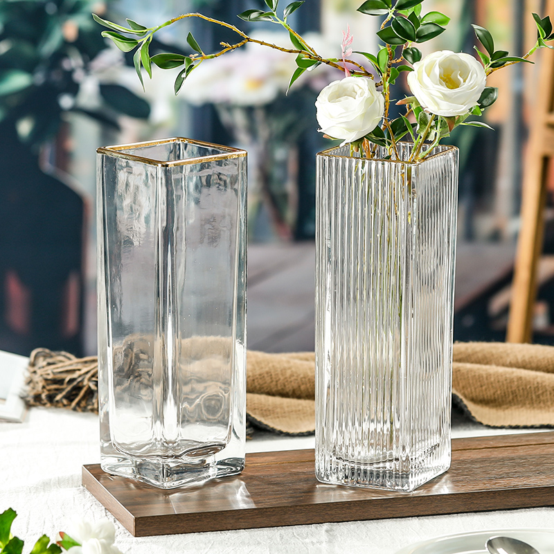 方缸直筒玻璃水培花瓶家用水养玫瑰花富贵竹百合客厅餐桌插花摆件