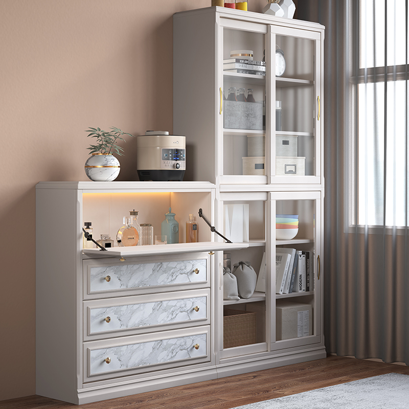 书柜实木推拉门白色带玻璃客厅展示柜儿童落地靠墙书架收纳柜防尘