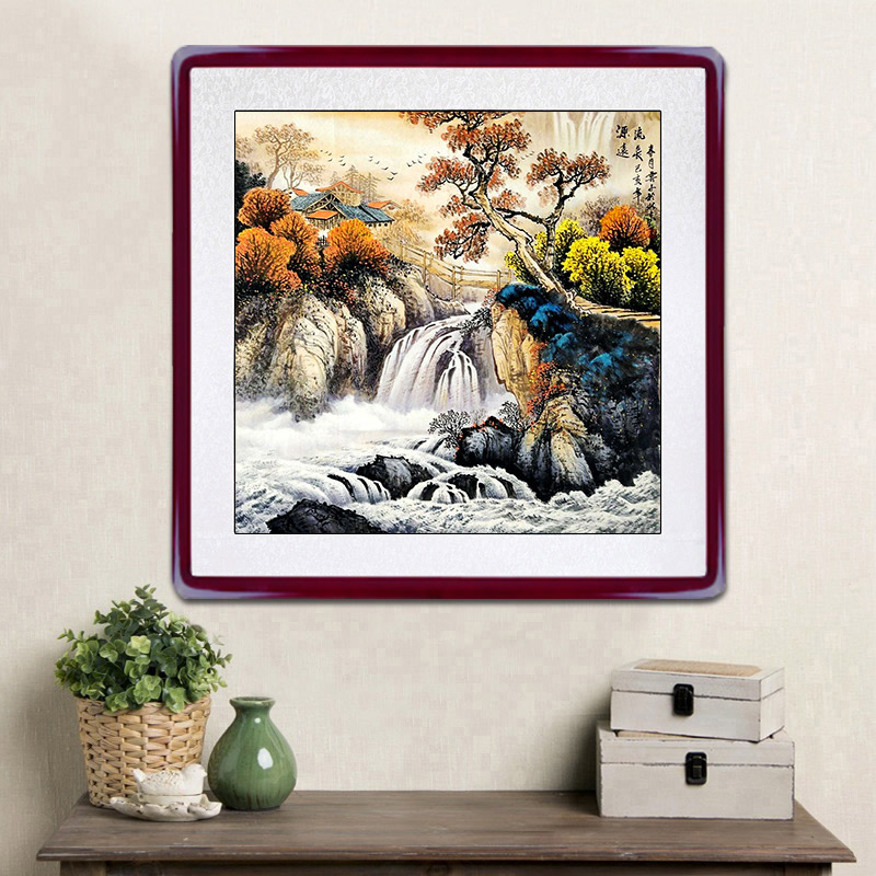 国画手绘斗方山水画水墨办公室客厅入户玄关挂画沙发正方形装饰画图片