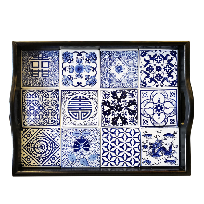 高两河纯手绘新中式美式青花粉彩瓷片拼接茶具茶盘陶瓷青花瓷托盘