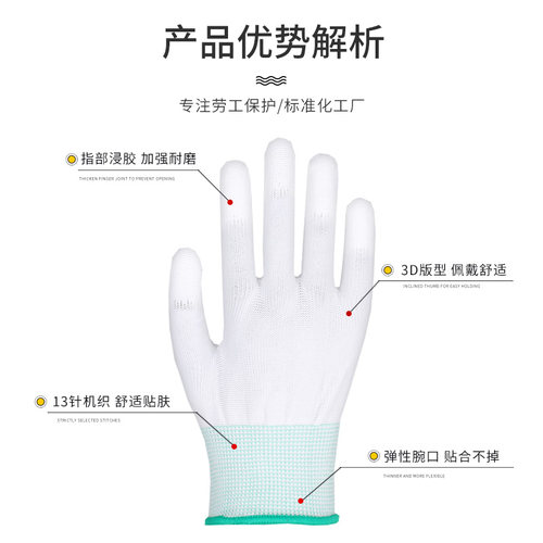 36双白色PU涂指手套劳保耐磨工作薄款防滑尼龙防静电打包浸胶涂胶