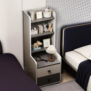 儿童床边柜床头柜书架一体置物架靠墙落地卧室儿童房白色斗柜矮柜