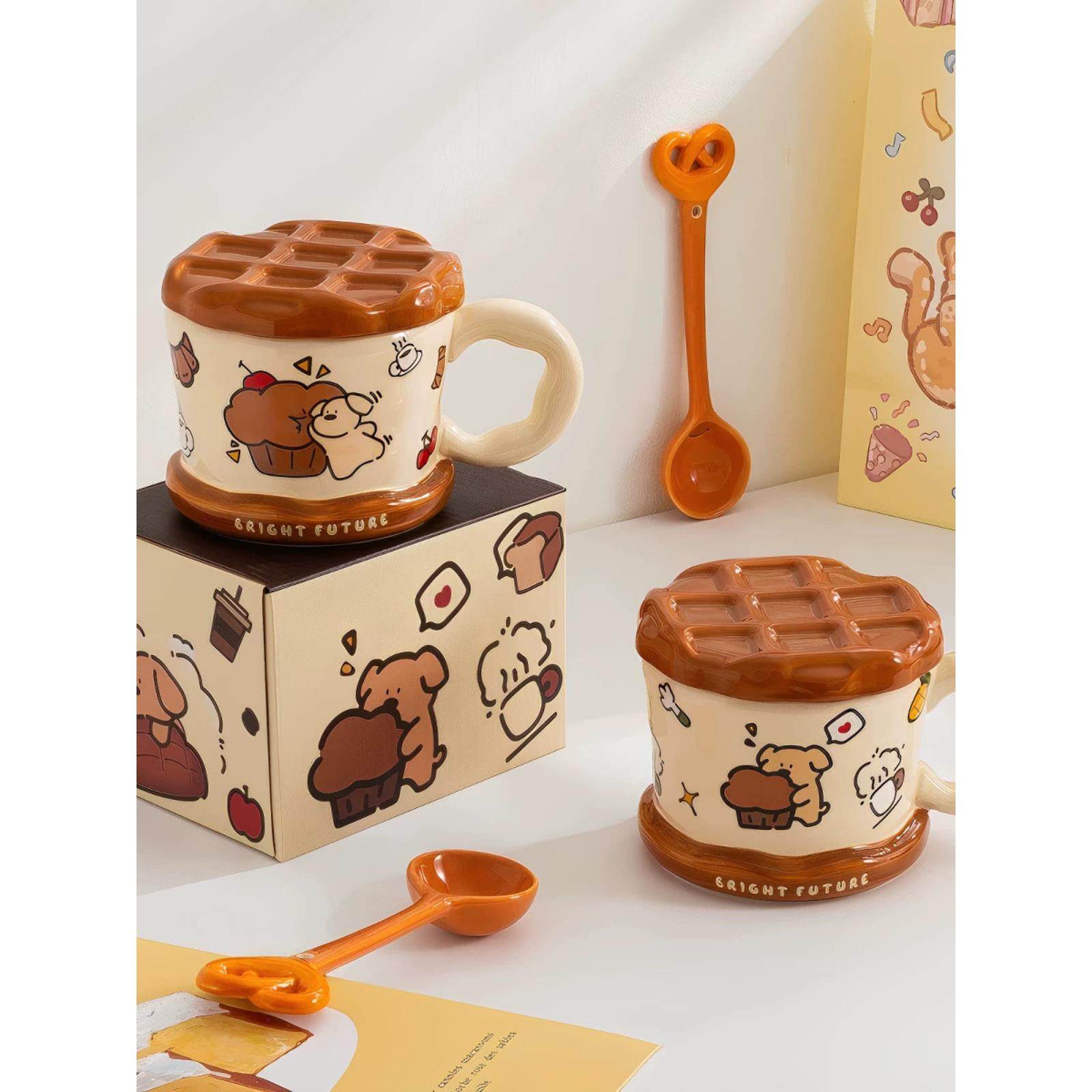 可爱线条小狗陶瓷马克杯卡通情侣送礼女生生日礼物高颜值带盖水杯