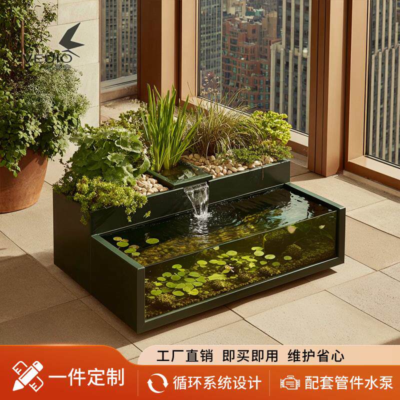 不锈钢金属玻璃鱼缸阳台生态鱼缸沼泽循环水过滤鱼池流水景观花箱
