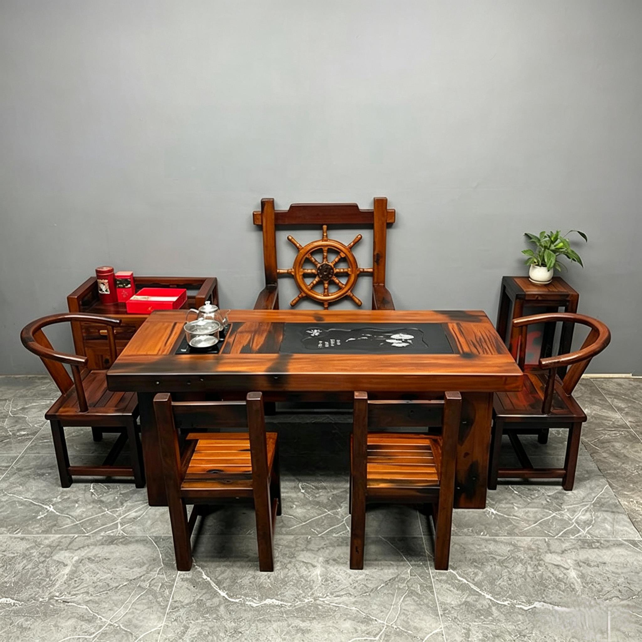 老料旧船木茶桌椅组合铁力木办公茶台简约泡茶几茶室功夫茶艺桌台