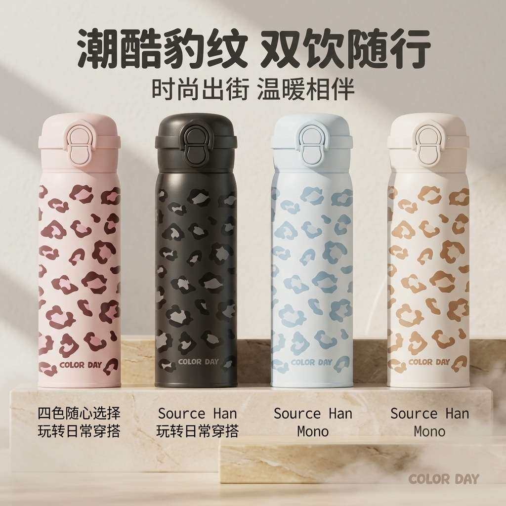 豹纹双饮手提保温杯可爱学生款高