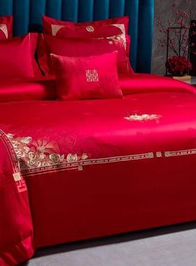 100支提纯棉花绣PJH刺结婚四件套红色婚庆床上用品简约档陪嫁高喜