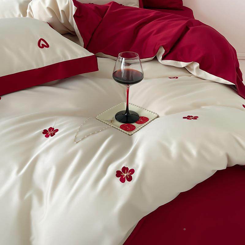 礼四件婚套新品公主风全棉长绒庆棉绣刺100支婚结婚四EBH件套