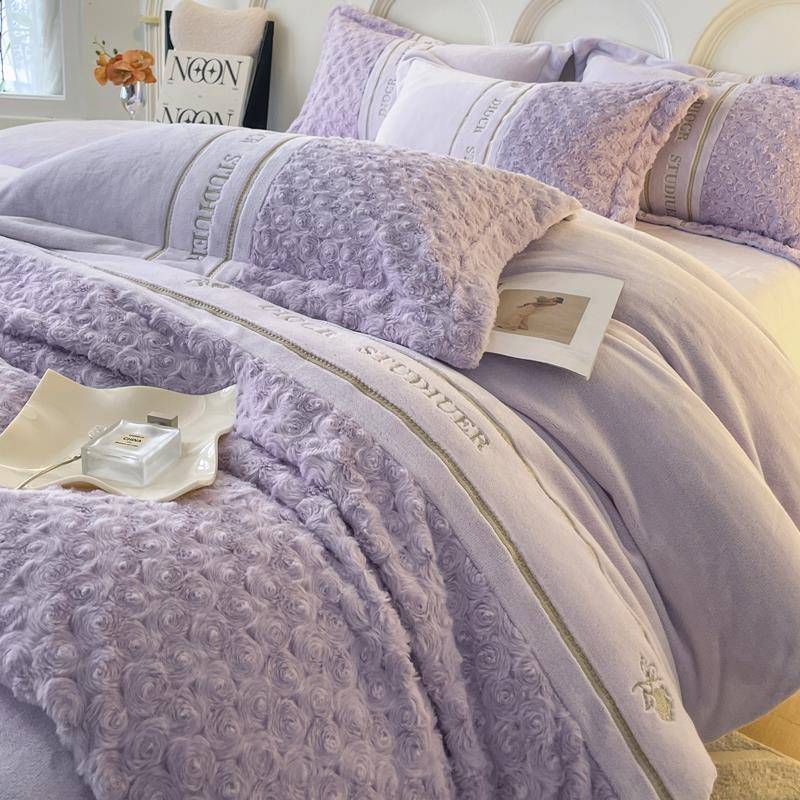 法式冬季保暖牛奶绒四件套公主风兔毛绒被套珊瑚绒床笠款床上用品