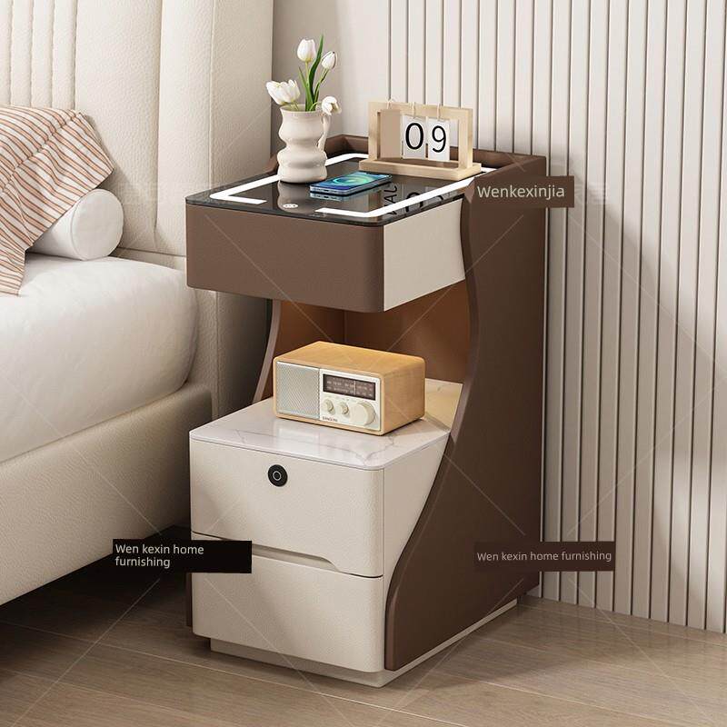 智能床头柜多功能收纳实木轻奢简单现代免安装卧室充电收纳床头柜