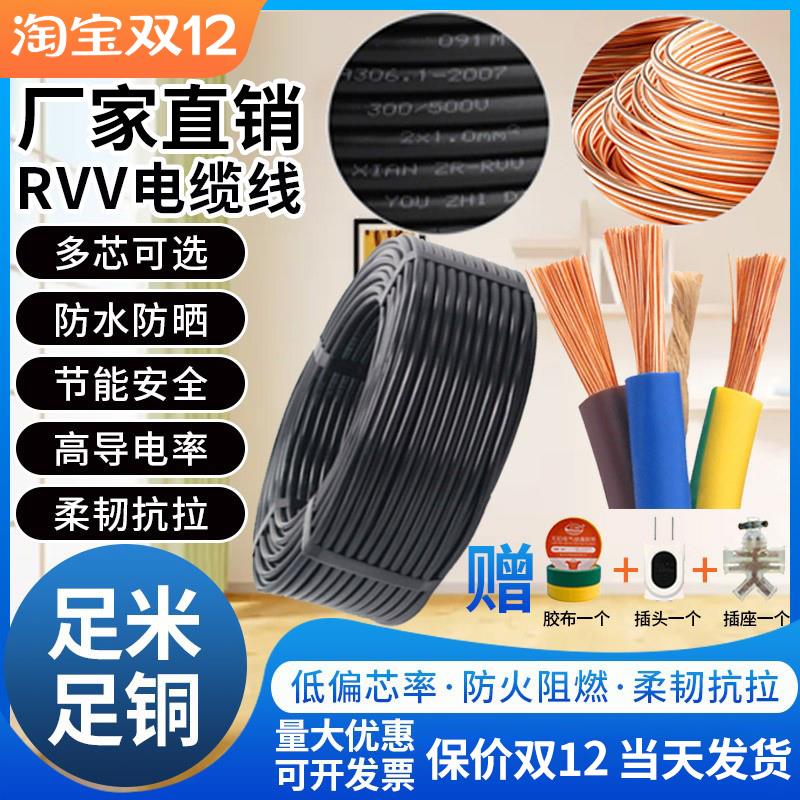 国标纯铜芯RVV电缆线2芯3芯4芯2.5/4/6/10平方软监控电源线护套线