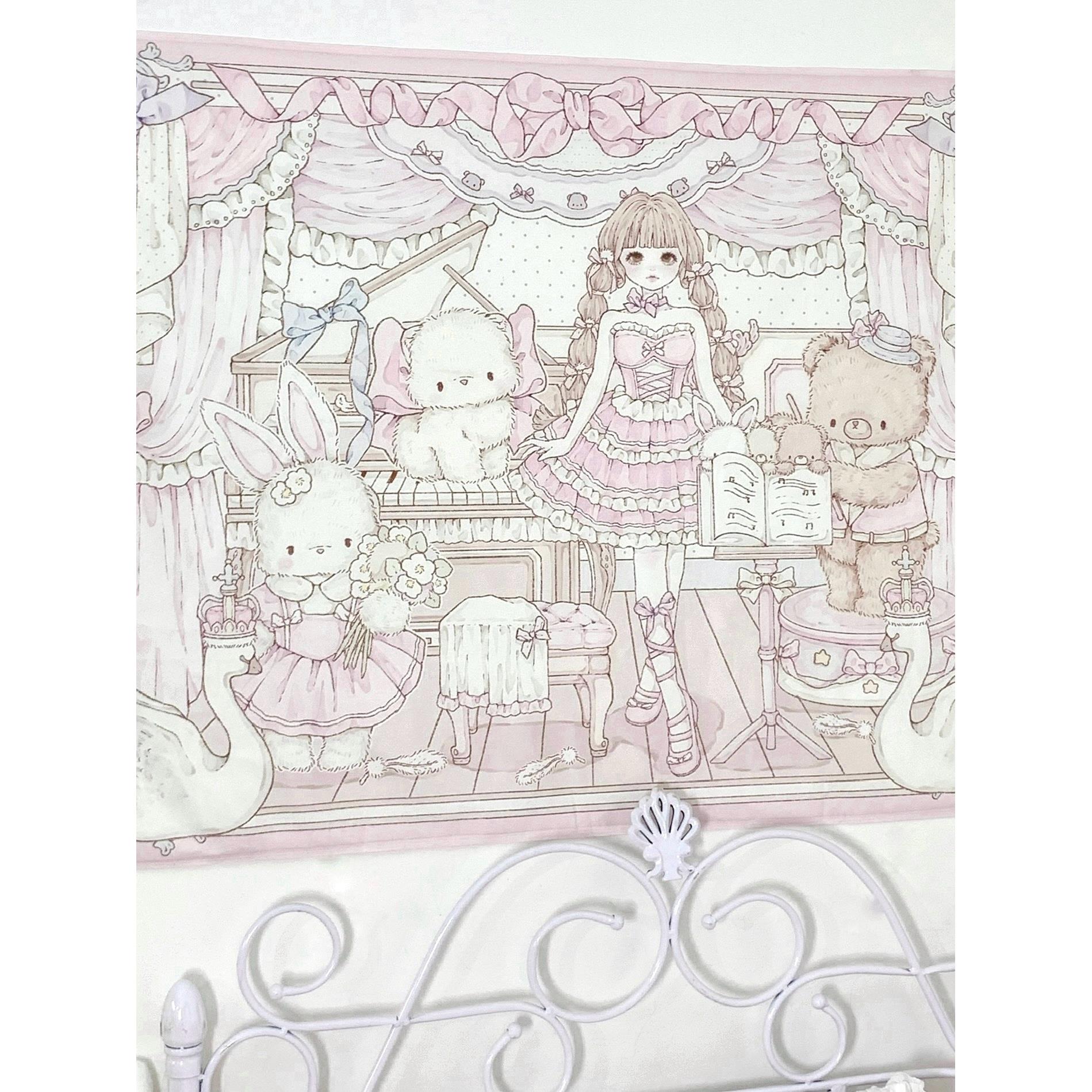 原来的芭蕾舞兔子熊挂布背景布床边挂毯卧室返校装饰用品可爱的粉