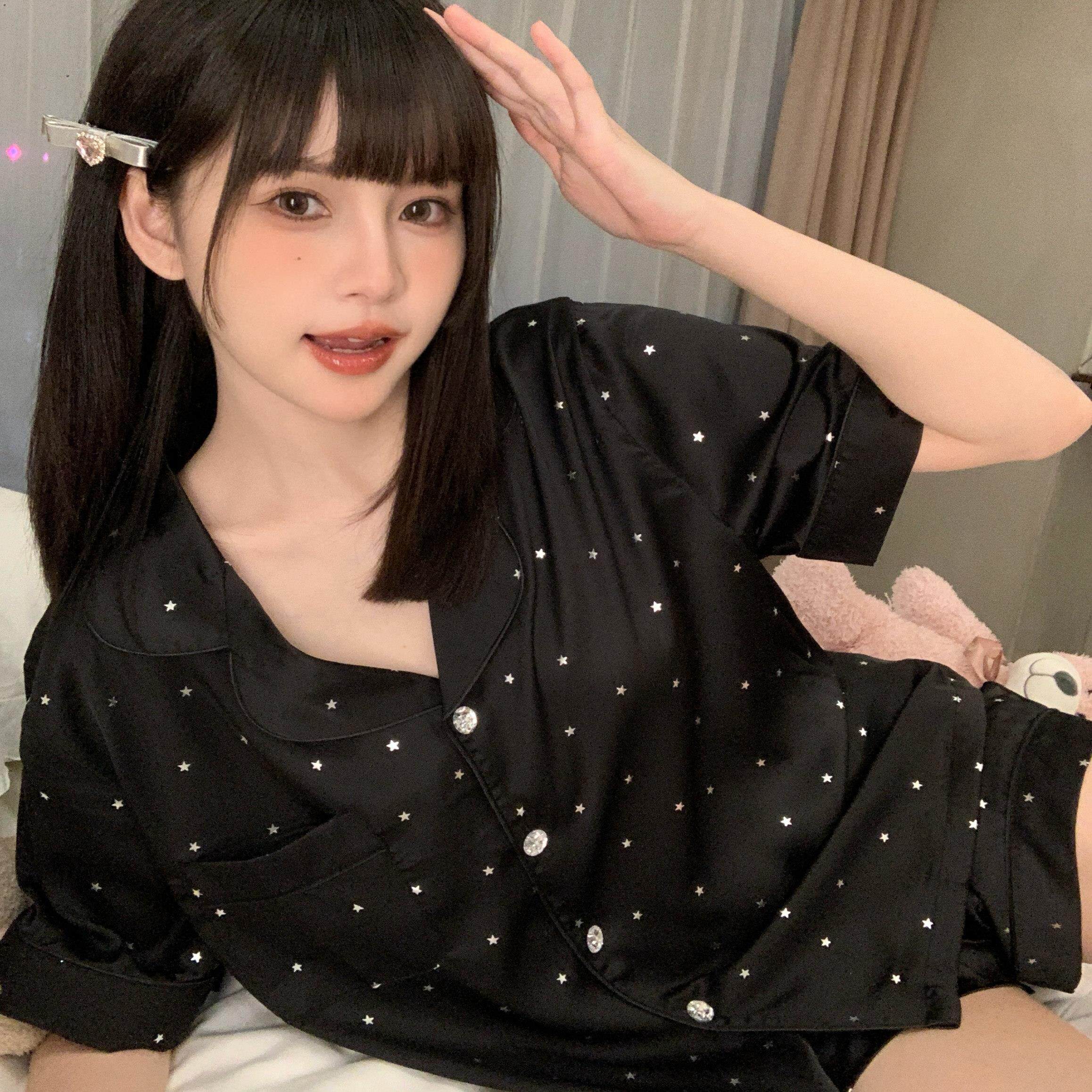 黑色星星高级感冰雪丝睡衣女士夏季短袖薄款冰丝绸家居服套装夏天