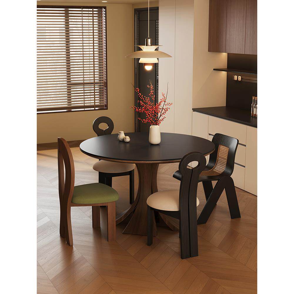 中古风实木岩板餐桌椅组合现代简约小户型家用吃饭桌轻奢覆古圆桌