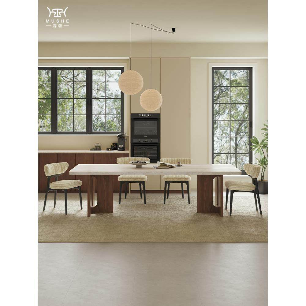 木和覆古餐桌和椅子组合石灰华石板家庭现代小公寓中世纪风格长方