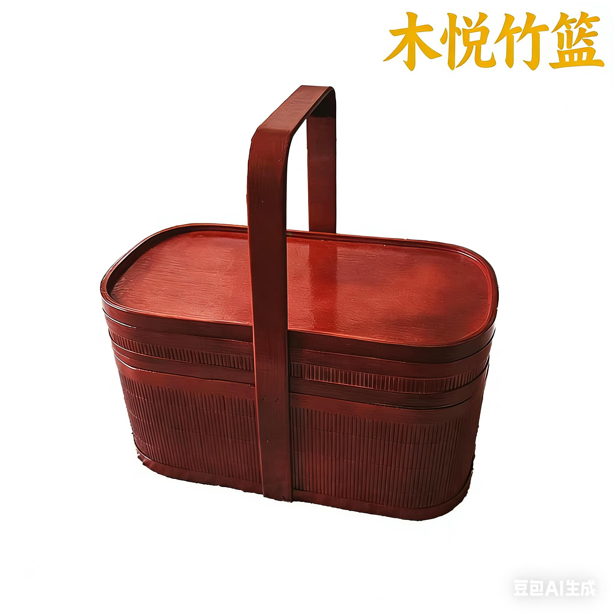 竹篮手提篮竹编带盖子古典双层野餐篮拜佛香篮红色