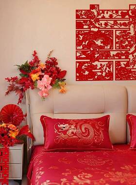 婚房布置套瀑装结喜婚男方新房卧室床F9985JSS头背景布仿真花字女