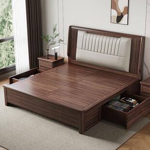 新中式木1米5床简现CLQ代次卧质带约抽屉轻奢乌实金木木床单人箱